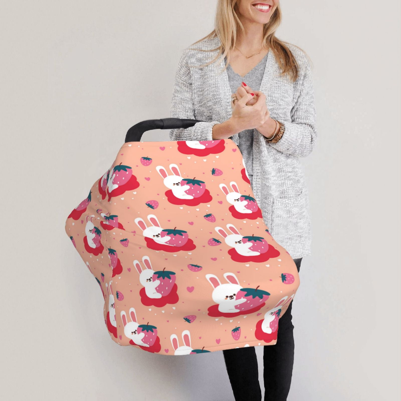 Fotbe Bunny And Strawberry Pattern Car Seat Covers for Babies, Nursing Breastfeeding Cover Infant Carseat Canopy, Soft Stretchy Carrier Cover