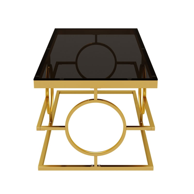 Glass Top Coffee End Table with Gold Metal Frame, Rectangular Storage Center Cocktail Table with Geometric Circle Base