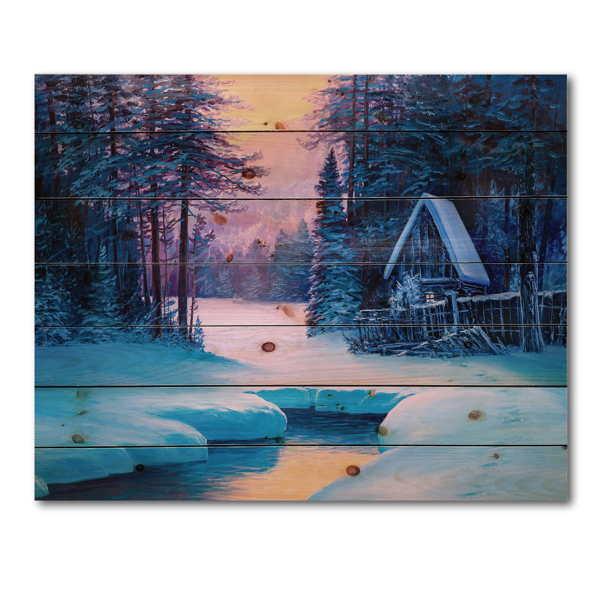 Designart 'The River House In The Woods and Winter Landscape II' Lake House Print on Natural Pine Wood