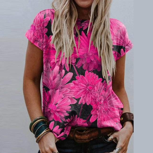 Pntutb moda mujer casual suelto estampado floral o-cuello manga corta camiseta blusa Pntutb Pntutb-8174