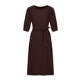 thumbnail image 4 of Mifsaly Women Summer Dresses Crewneck 3/4 Sleeve Elegant Linen Dresses with Belt Loose Tunic Dressy Casual Lightweight Vacation Beach Outfits Coffee M, 4 of 8