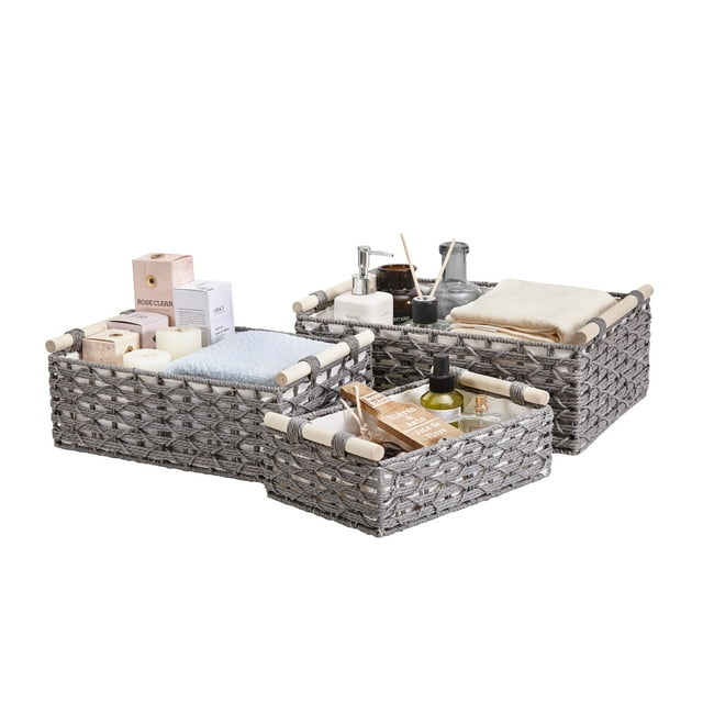 DECOMOMO Wicker Baskets Paper Rope Bathroom Basket for Countertop Toilet Tank (Grey - 3 Pack)