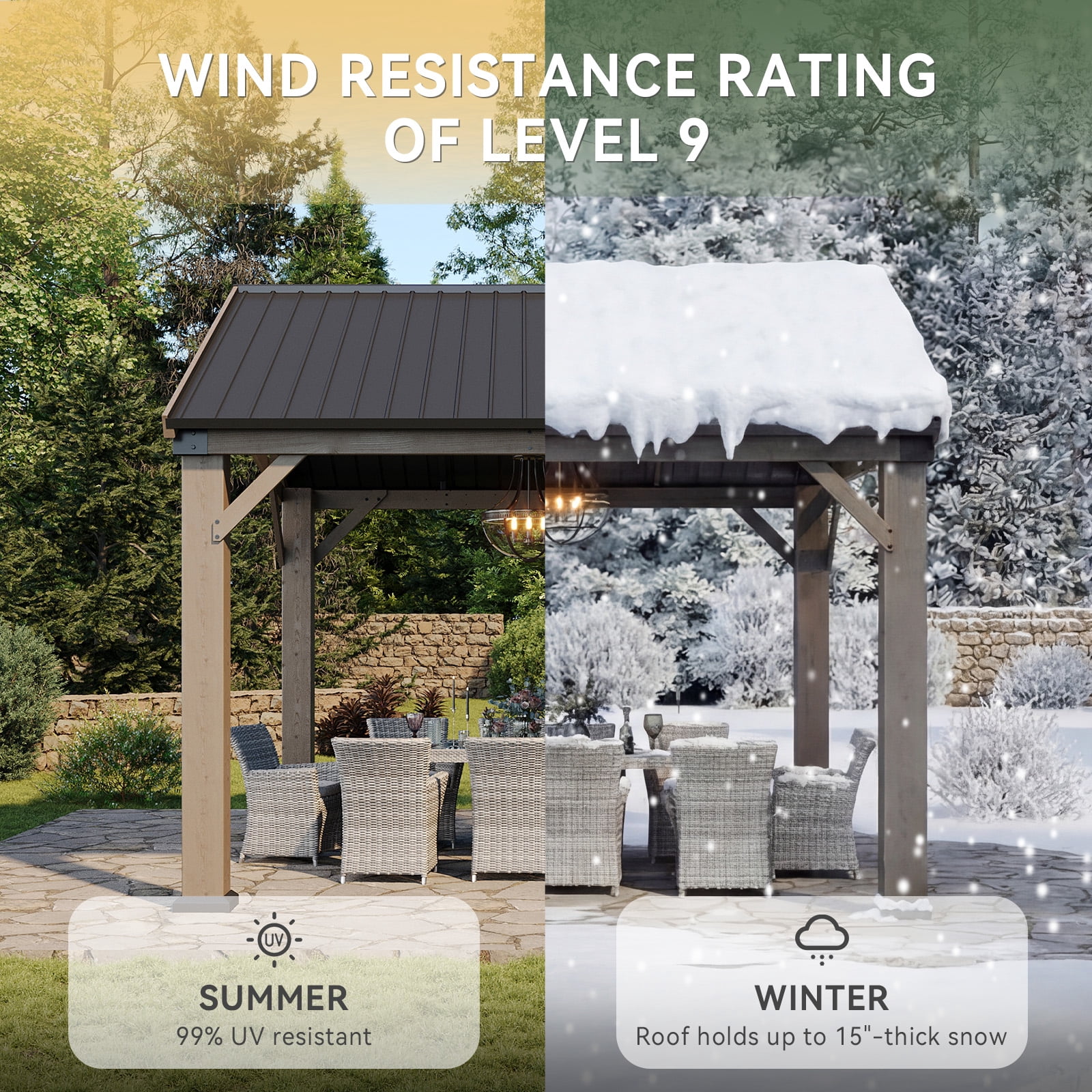 Dateyes 10' x 10' Outdoor Wood Gazebo, Hardtop Gazebo Permanent Wooden Pavilion with Galvanized Steel Gable Roof, for Patio, Garden, Backyard, Cedar Wood