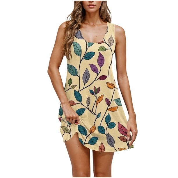 Vestido Corto de Verano Casual de Moda Impreso Cuello Redondo Bolsillo sin Mangas de las Mujeres, Vestido Casual para Diario