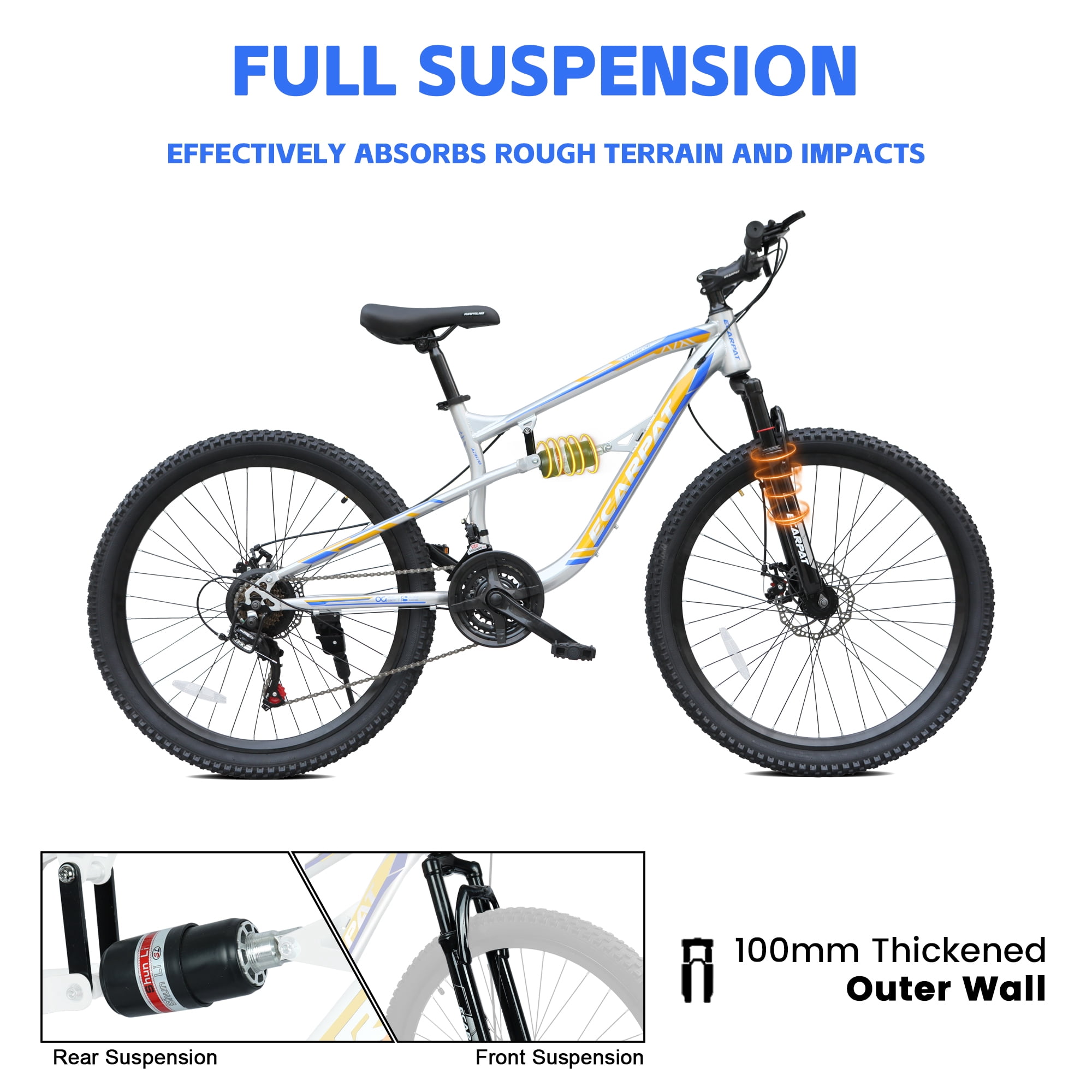 26 Inch Mountain Bike with 21-Speeds & Full Suspension Steel Frame,Sliver&Blue
