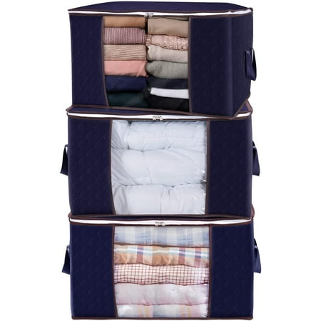 Lifewit 90L Clothes Storage Bag Organizer with Clear Window & Handle for Bedroom, 3 Pack, Blue