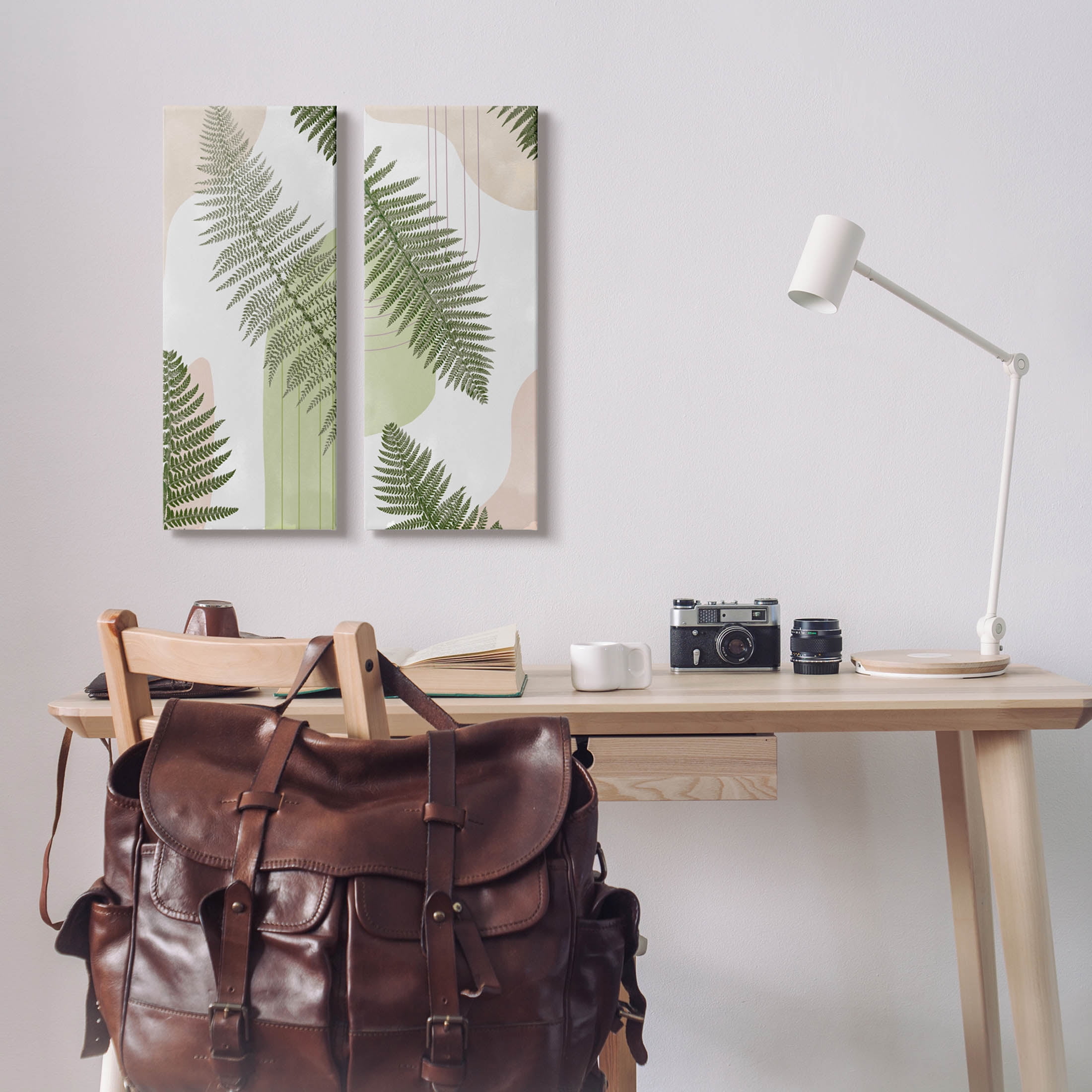 Fern Leaves Pastel Geometric Botanical & Floral Graphic Art Gallery Wrapped Canvas Print Wall Art, Set of 2