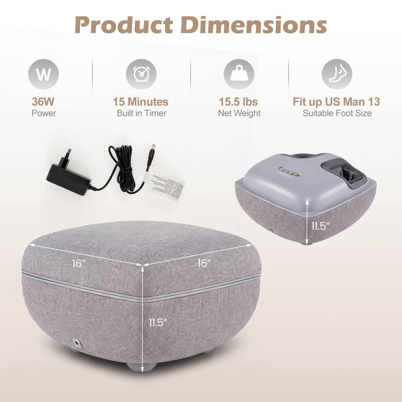 Costway Shiatsu Foot Massager with Heat, 3-Level Deep Kneading & Air Compression, Timer Gray
