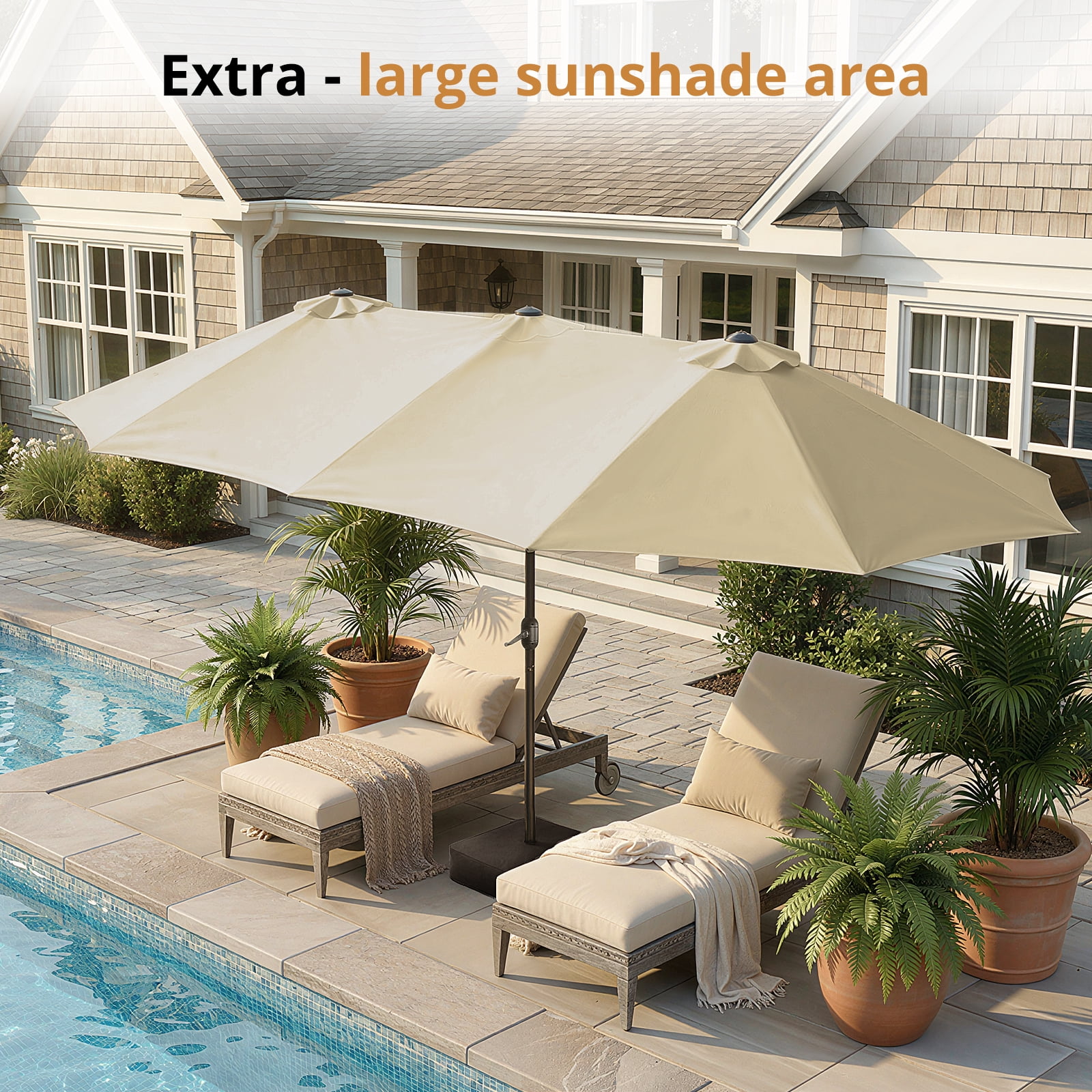 Richya 15 FT Outdoor Patio Umbrella, Large Rectangular Double Sided Market Table Twin Umbrellas with Crank Handle for Deck Pool(Beige)