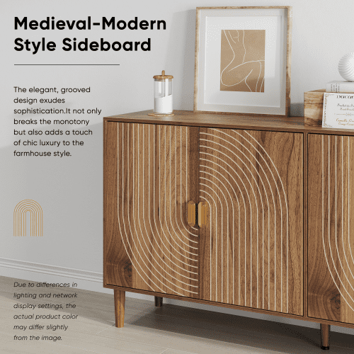 62.6" 4-Door Sideboard Buffet Cabinet, Mid-Century Modern Farmhouse Credenza with Vertical Grooved Doors, Adjustable Shelves, Accent Storage Cabinet for Dining Room, Living Room, Entryway, Walnut
