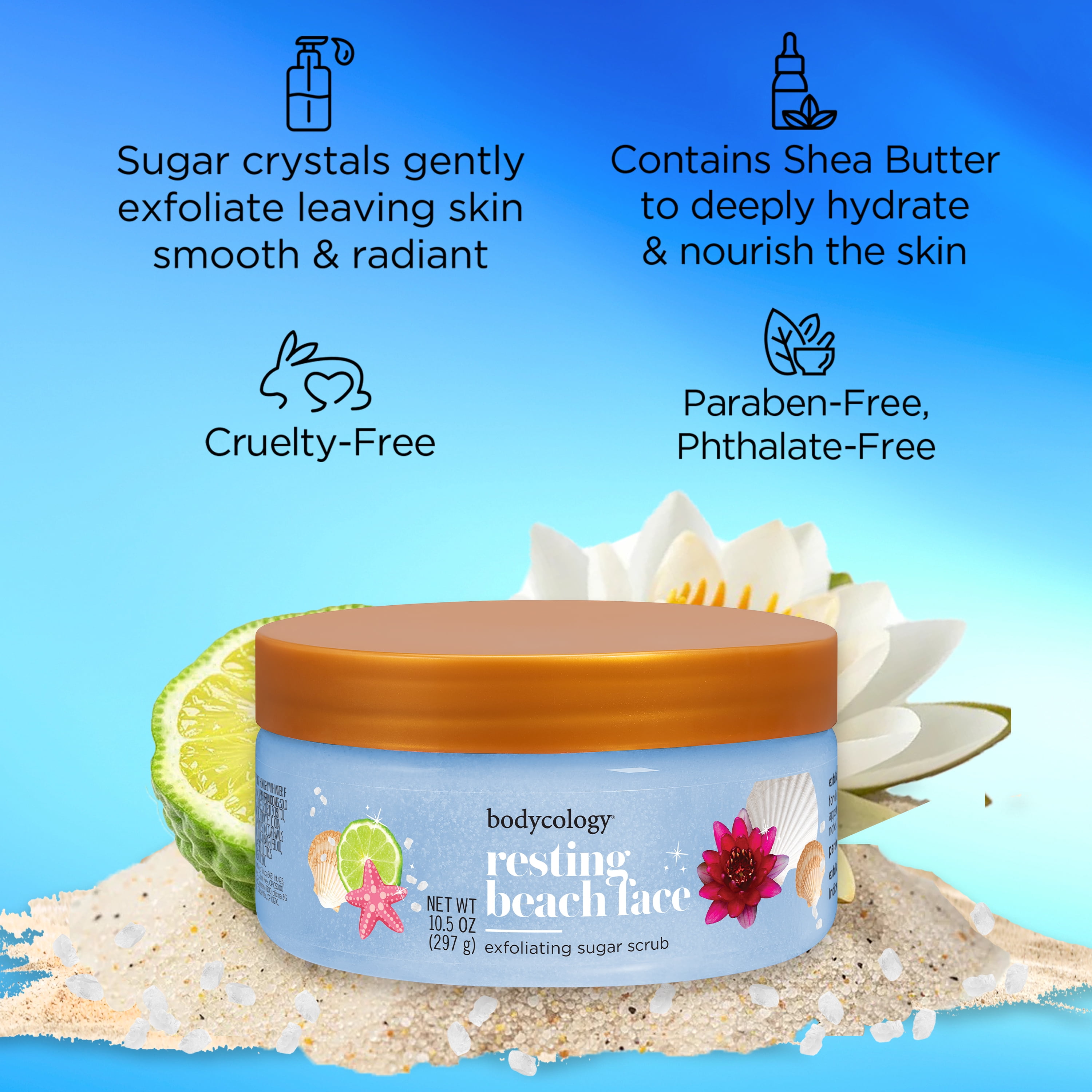 Bodycology Resting Beach Face Exfoliating Sugar Scrub, 10.5 oz