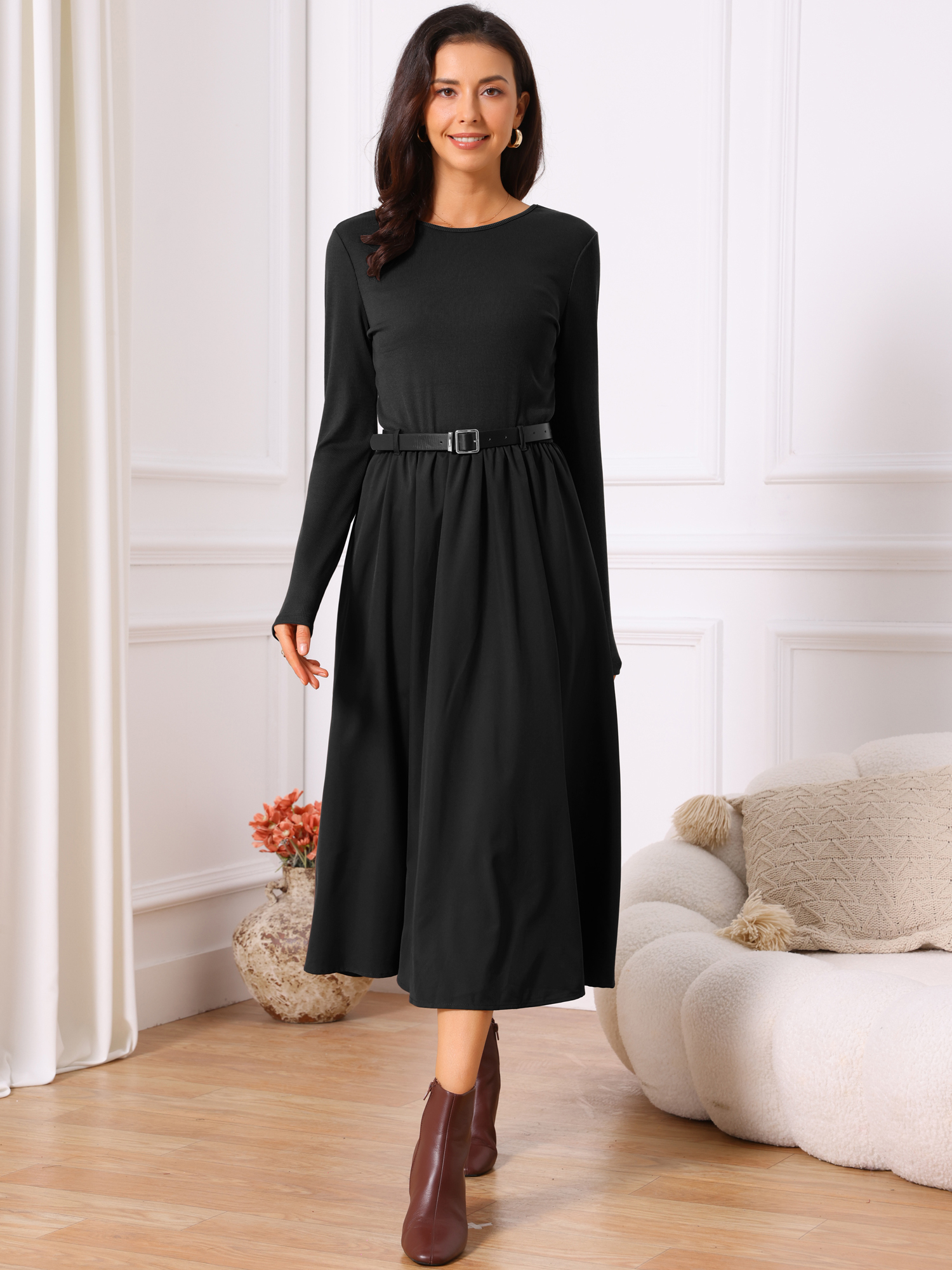 DARING DIVA Midi Dress Crewneck Long Sleeve Flowy Dress S Black