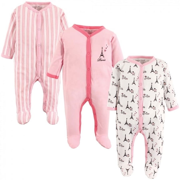 Luvable Friends Baby Girl Cotton Snap Sleep and Play 3pk, Paris, 0-3 Months