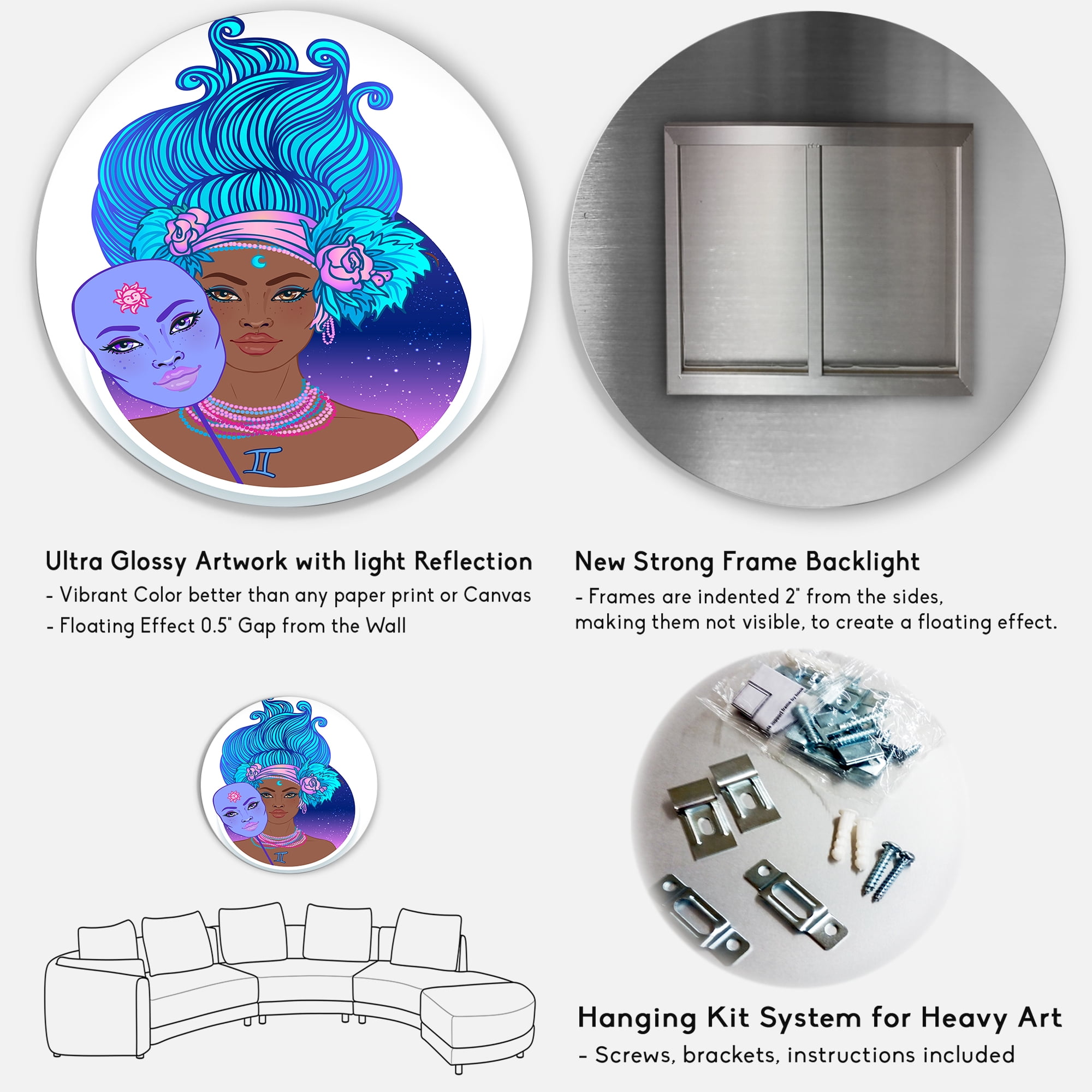 Designart 'Portrait of Afro American Girl With Blue Hair II' Modern Circle Metal Wall Art 23x23 - Disc of 23