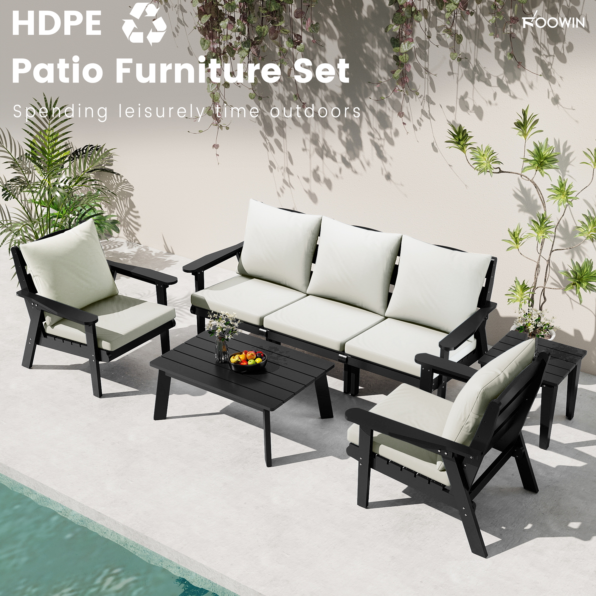 FOOWIN 7-Piece Patio Furniture Set, HDPE Outdoor Conversation Set with 5 Seating & Cushions, Perfect Patio Sofa Set for Garden, Porch, Backyard, Black Frame with Beige Cushion