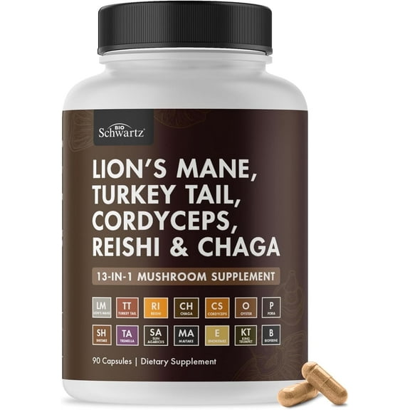 BioSchwartz 13-in-1 Organic Mushroom Supplement with BioPerine Black Pepper, 90 Capsules