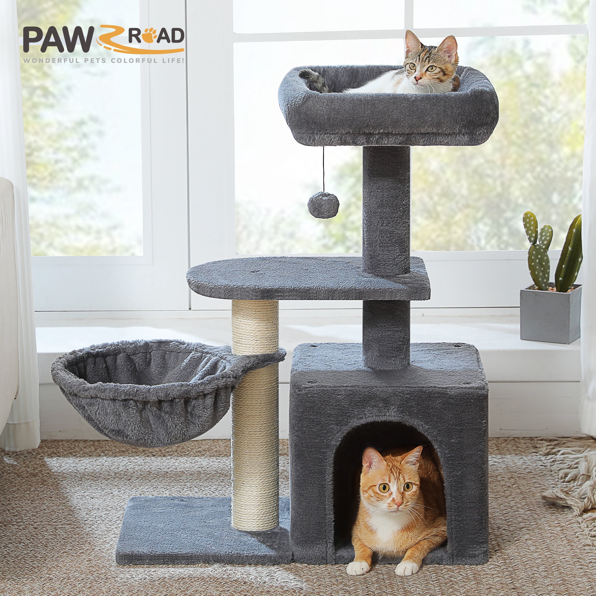 PAWZ Road 31" Medium Cat Tree Modern Scratcher with Hammock and Condo for Indoor Cats Dark Gray