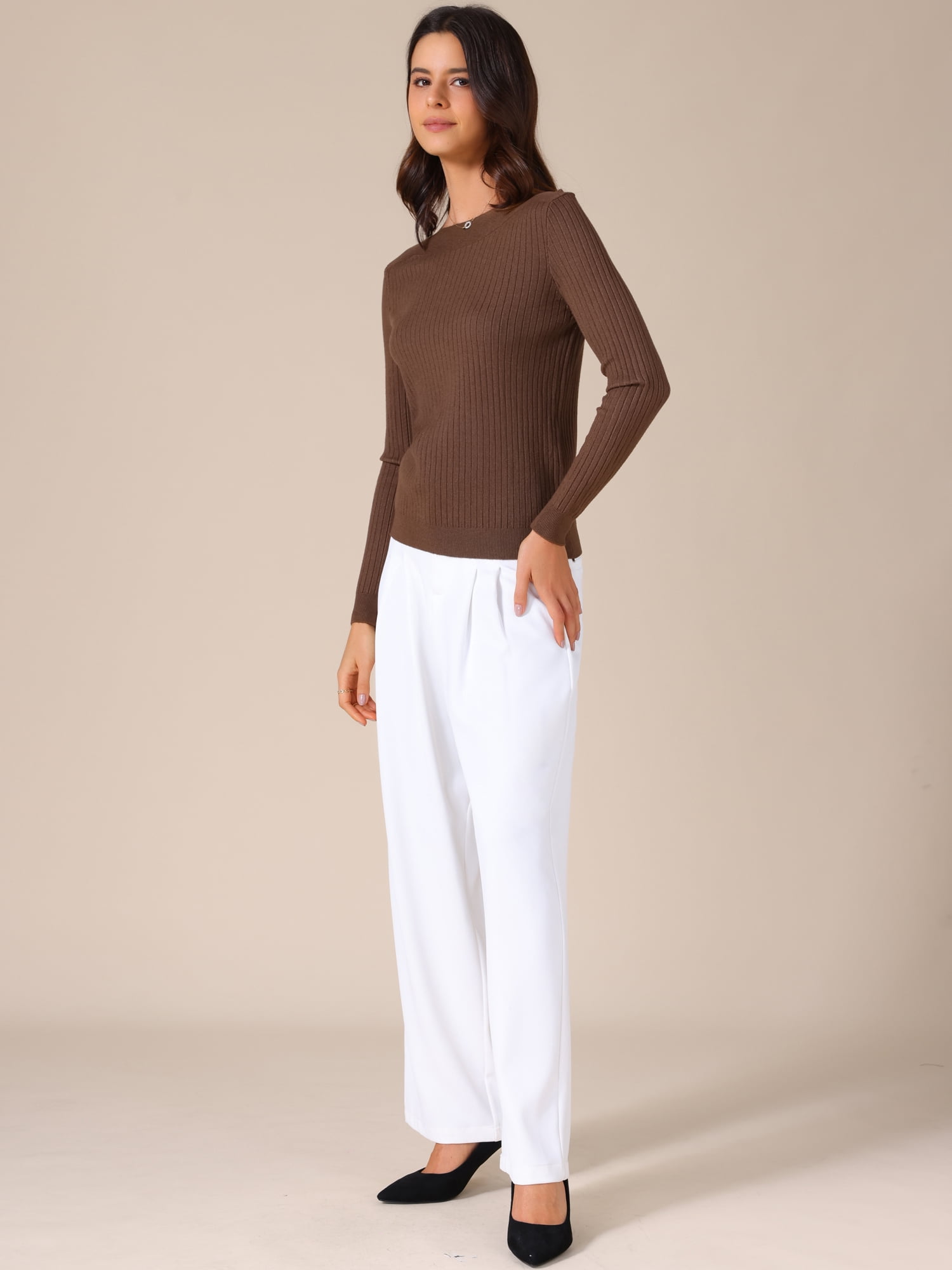 DARING DIVA Women's Boat Neck Long Sleeve Ribbed Sweaters S Coffee