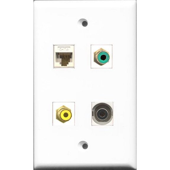 RiteAV 1 Port RCA Yellow and 1 Port RCA Green and 1 Port 3.5mm and 1 Port Cat6 Ethernet White Wall Plate