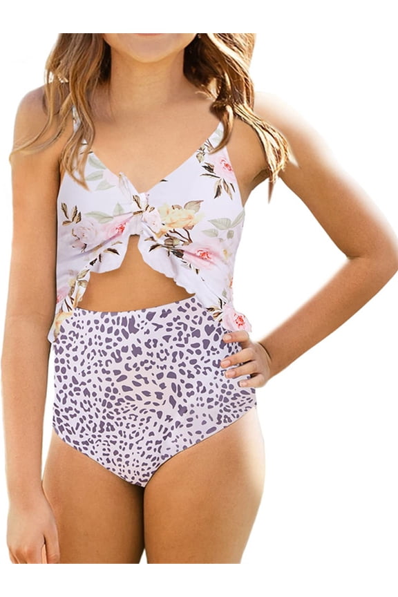 Floral Print Girls High Waist One Piece Ruffle Swimsuit For 5-14 Years