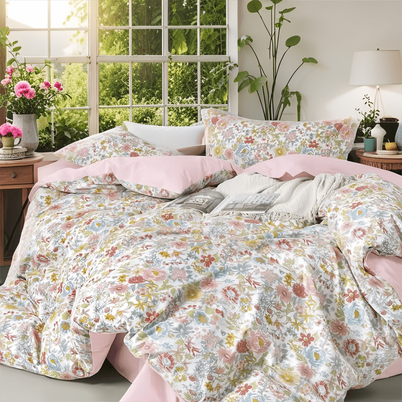 JOLUSERE 100% Organic Cotton Duvet Cover Sets King Size, 3 Pieces Colorful Pink Floral Reversible Soft Bedding Sets
