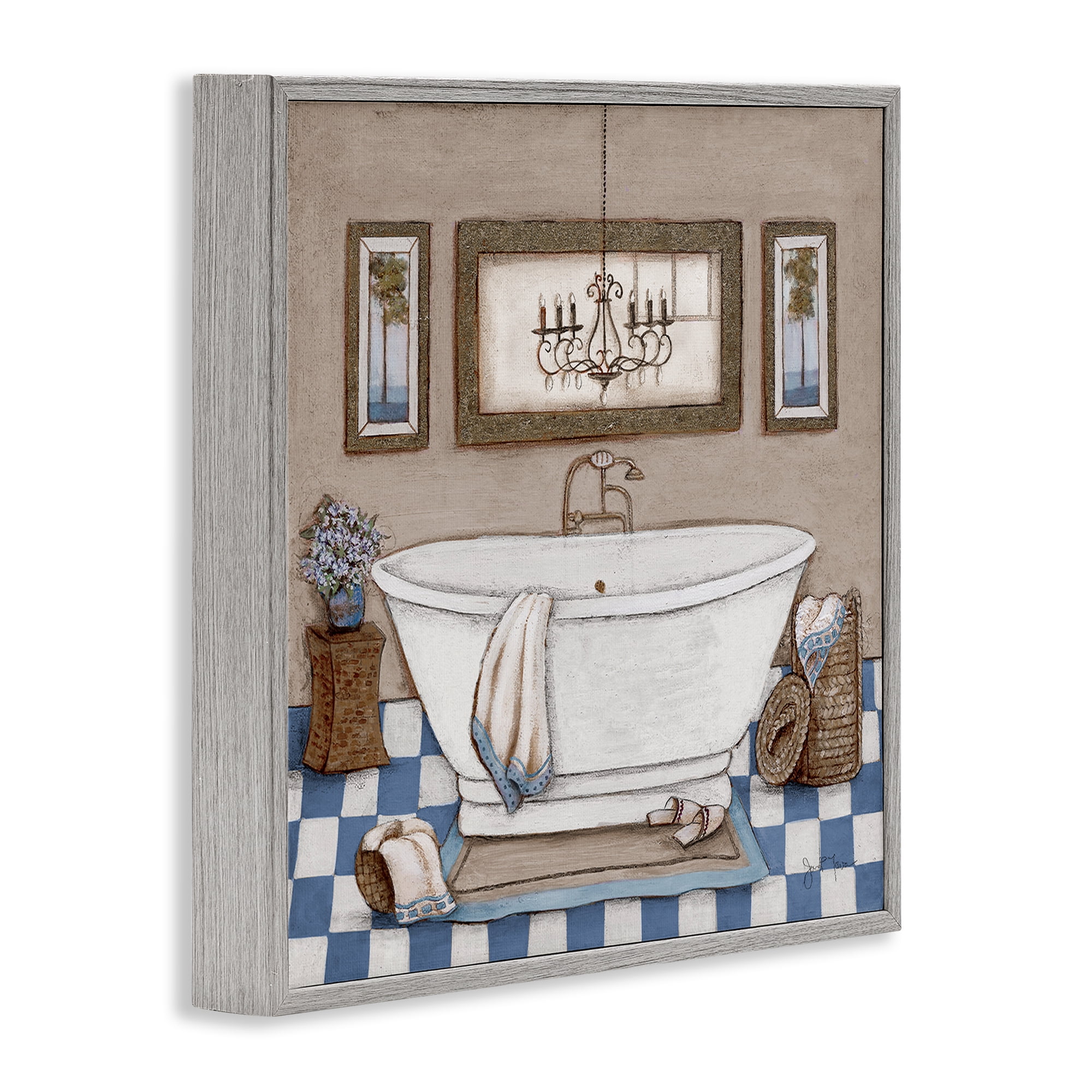 Stupell Industries Checkered Bathroom & Chandelier Gray Framed Giclee Art, design by Janet Tava