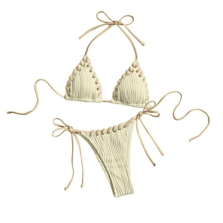 ZQGJB Women s 2 Piece Bikini Sets Vintage Smocked Halter Triangle Top Tie Side Bottom Swimsuit Bathing Suit Beachwear(Beige L)