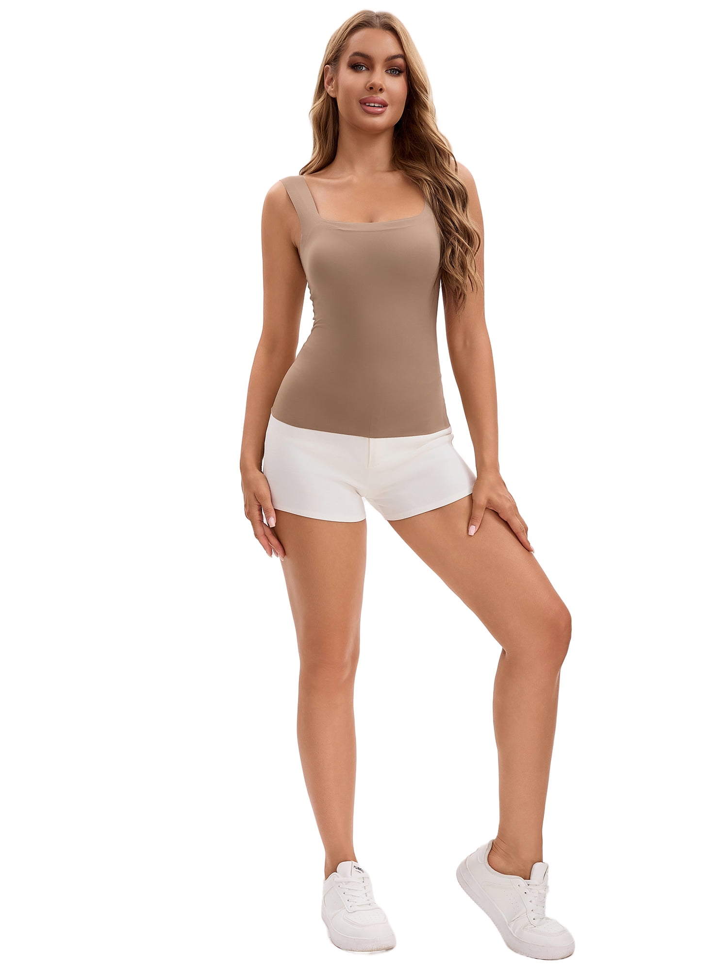 Unique Bargains Women's U Back Tank Tops with Built-In Bra for Everyday Wear XL Coffee