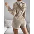 thumbnail image 3 of Arvbitana Women's Fuzzy Hooded Short Jumpsuit Casual Solid Color Zipper Long Sleeve Plush Romper Sleepwear Drawstring Bodysuit Loose Loungewear, 3 of 8