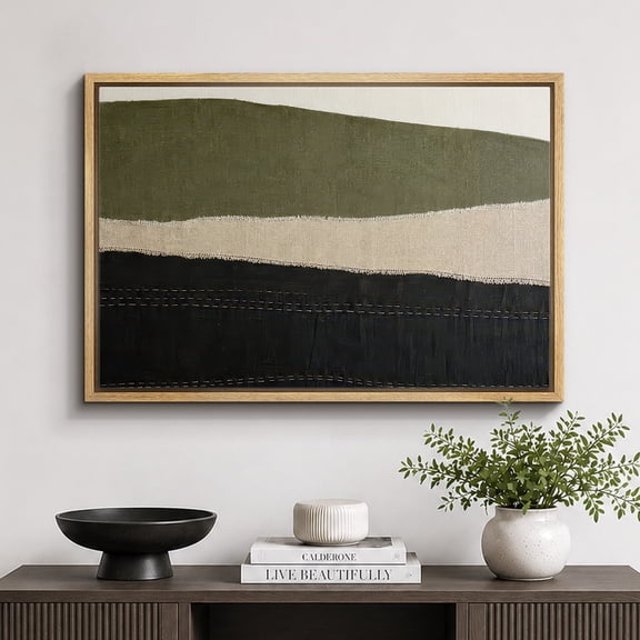 Framed Canvas Print Minimalist Green Black Landscape Wall Art Abstract Artwork Decoration for Living Room Bedroom - 16"x24" NATURAL Frame