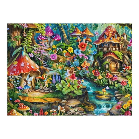 Jigsaw Puzzles - Fairy - Filled Magical Forest Scene with Mushroom Houses And Colorful Flora500 PCS，Challenging Puzzle Perfect for Game Nights