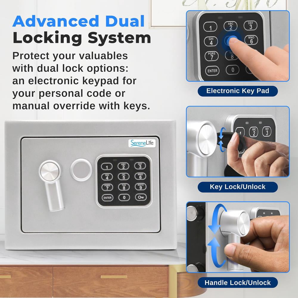 SereneLife Heavy Duty 9.1 x 6.7' Electronic Safe Box - Digital Touch Pad Lockbox with Code 2 Keys - Small Safe Box for Home/Office, Secure Cash, Jewelry, Firearms - Wall/Floor Mountable
