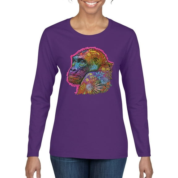 Colorful Neon Gorilla | Dean Russo Art Animal Lover Womens Long Sleeve T-Shirt, Purple, Medium