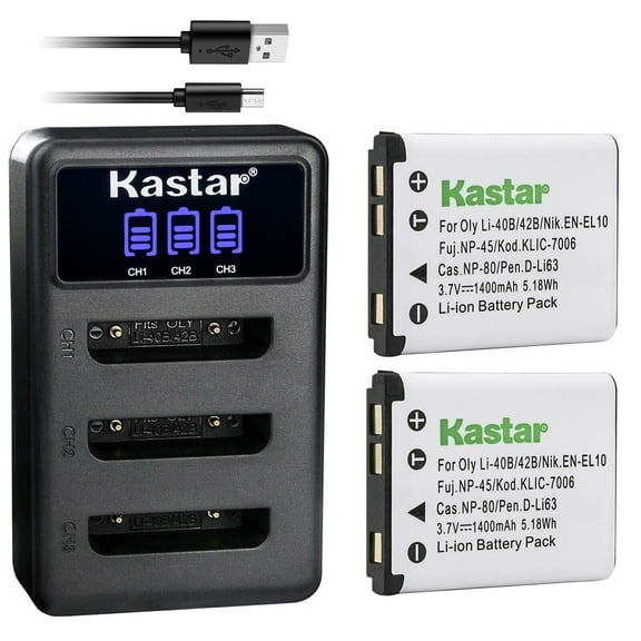 Kastar 2 Pack Battery and LCD Triple USB Charger Compatible with Olympus Li-40B Li40B, Li-42B Li42B Battery, Olympus LI-40C Li-40C Charger