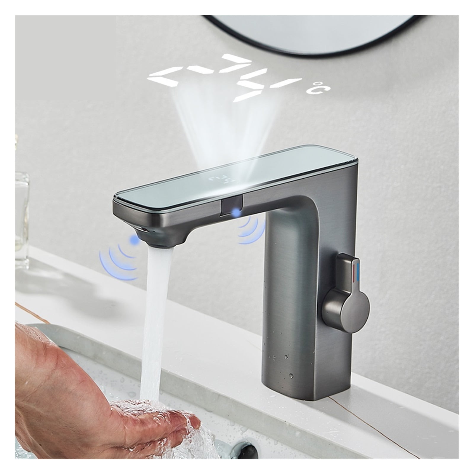 Touchless Sensor Basin Faucet, Brass Smart Digital Display Bathroom Sink Faucet, Grey Sense Hot Cold Water Mixer Tap Battery Power