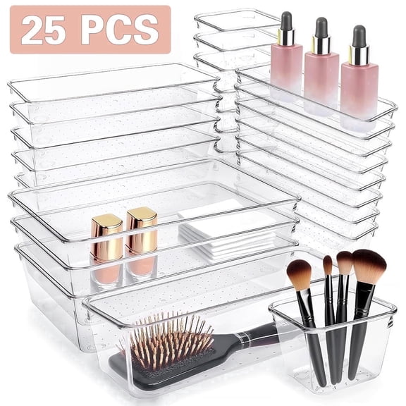 Kitchen Drawer Organizer Bins - 25Pcs Clear Plastic Stackable Divider Trays, 4 Sizes for Makeup, Jewelry, Gadgets, Office, Bathroom, Bedroom Storage