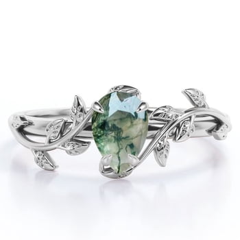 JeenMata Botanical Design - 1 Carat Pear Cut Druzy Scenic Moss Green Agate - 4 Prong Engagement Ring - 18K White Gold Plating over Silver