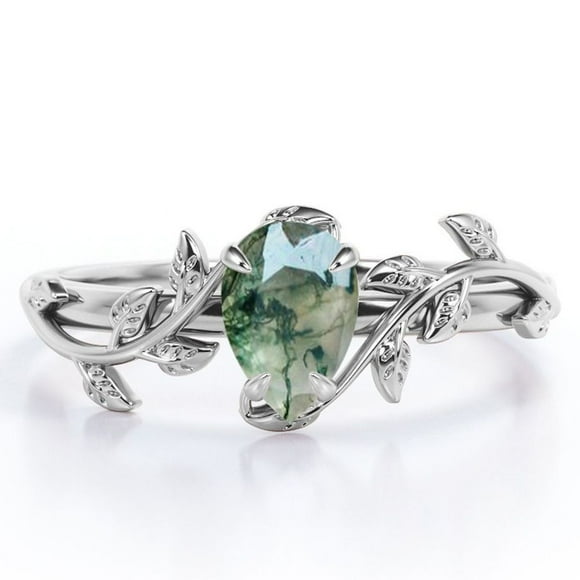 JeenMata Botanical Design - 1 Carat Pear Cut Druzy Scenic Moss Green Agate - 4 Prong Engagement Ring - 18K White Gold Plating over Silver