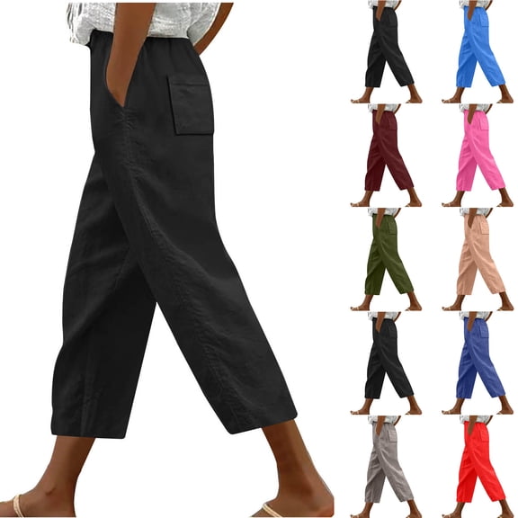 WEIee Ladies Capri Pants Casual Summer Pocket Cropped Pants with Drawstring Solid Color Straight Leg Versatile Trousers Loose Fit Party Lady Pants Army Green L