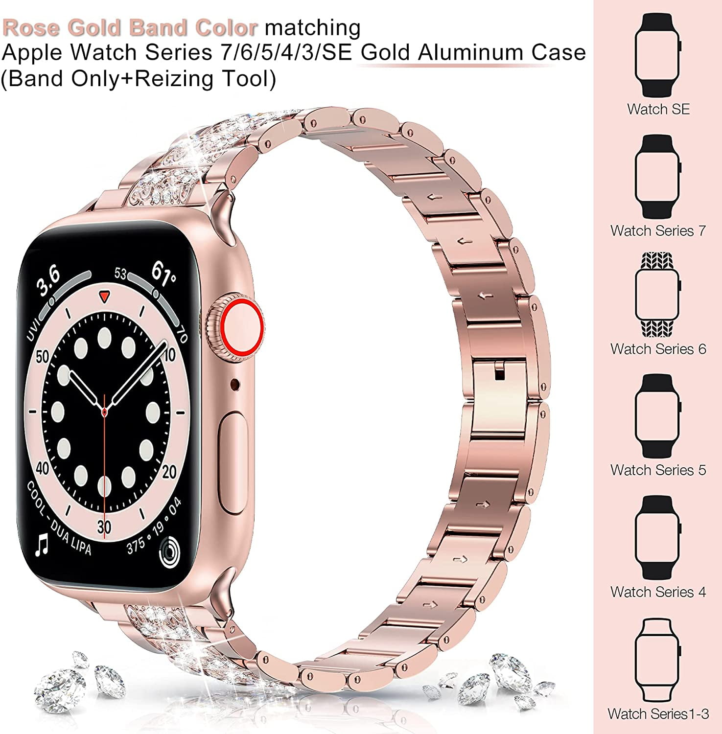 Worryfree Gadgets Apple Watch Band 38mm 40mm 41mm Stainless Steel iWatch  Bands with Bling Rhinestones for Series 8 7 6 5 4 3 2 1 SE, Rose Pink