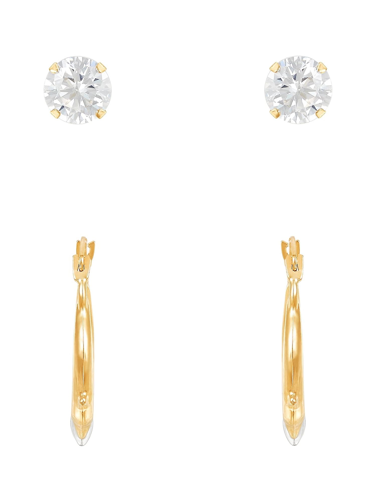 Brilliance Fine Jewelry Cubic Zirconia 6MM Studs and Dolphins Hoops Set in 10K Yellow Gold