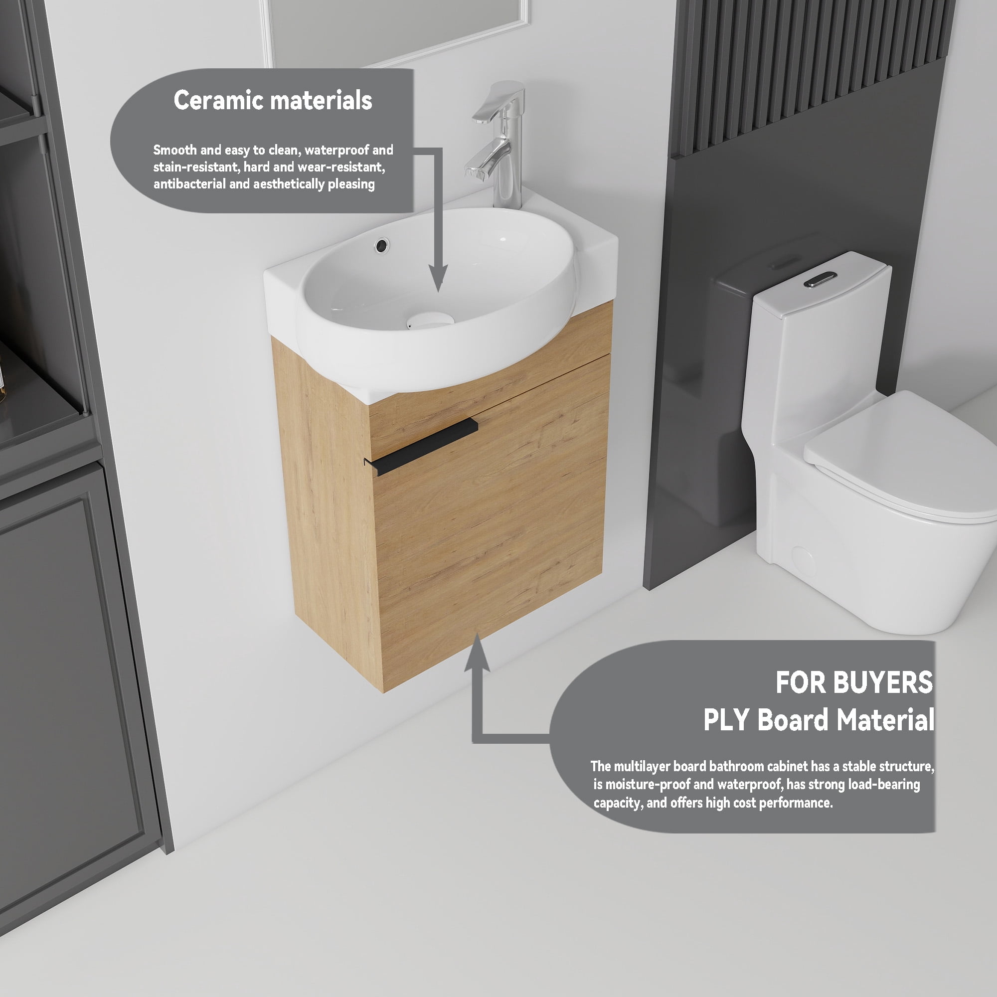 Leumius 16" Wall-Mount Bathroom Vanity Cabinet with with Ceramic Sink & Soft‑Close Doors for Small Space,Bathrooms,Oak