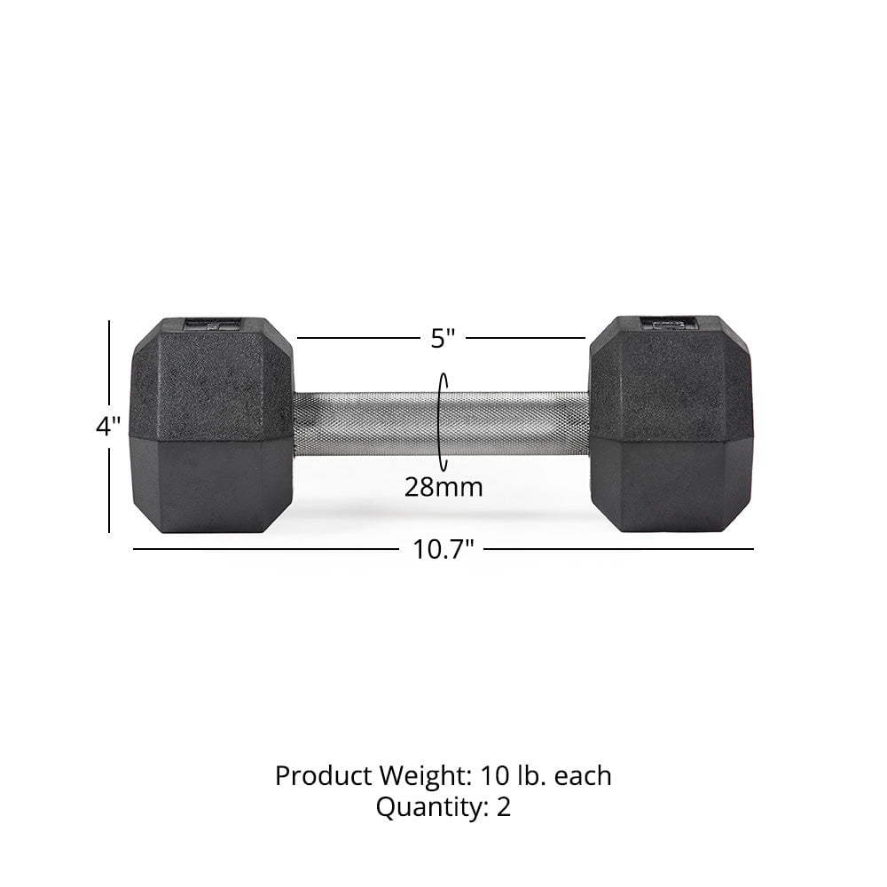 Titan Fitness 10 LB Pair Free Weights, Black Rubber Coated Hex Dumbbell, Straight Stainless Steel Handle, Strength Training, Full Body Workout