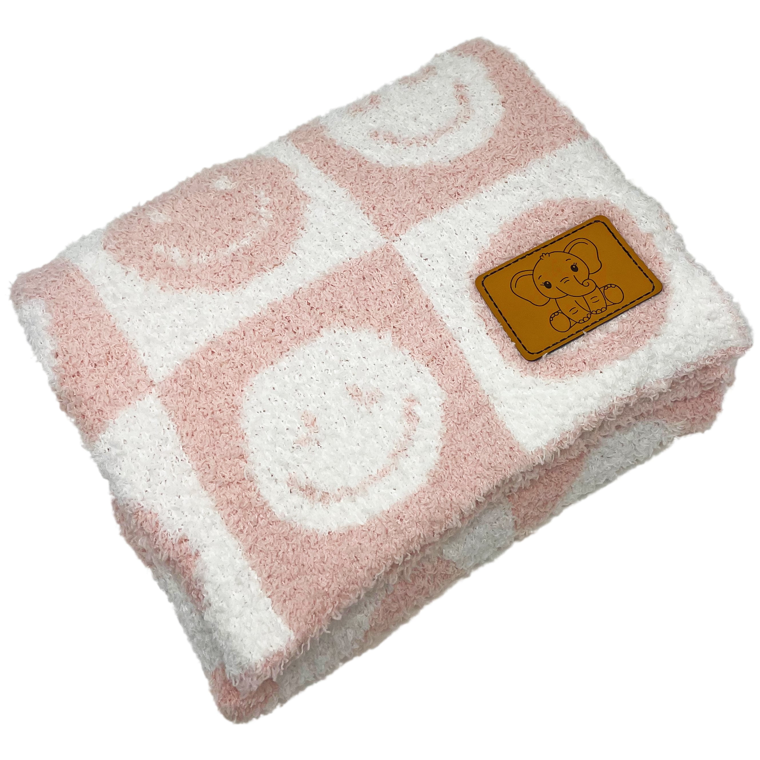 Checkered Smiley Face Baby Blanket 28"x40" with Leather Patch - Soft Knitted Throw - Receiving Blanket/Newborn Gift Pink/White