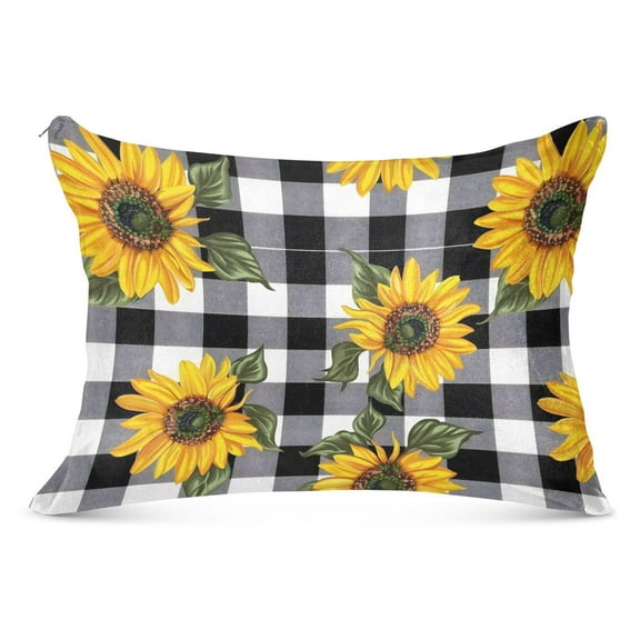Sunflower with Black White Plaid Plush Pillow Cases Standard Size Ultra Soft Warm Pillowcases with Zipper 20"x26"