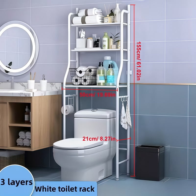 61.02"H Over-Toilet Storage Metal Rack with Shelf & Hooks, Bathroom Storage Shelf Unit Organizer with Paper Holder
