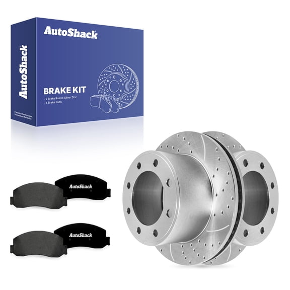 AutoShack Rear Brake Rotors & Premium Pads for Ford, F-350 Super Duty 2007, 4WD RWD V8 5.4L 6.0L V10 6.8L - Silver Zinc Coated Drilled & Slotted - SilverShield Pro - 13.39" (340 mm), 8-Lug