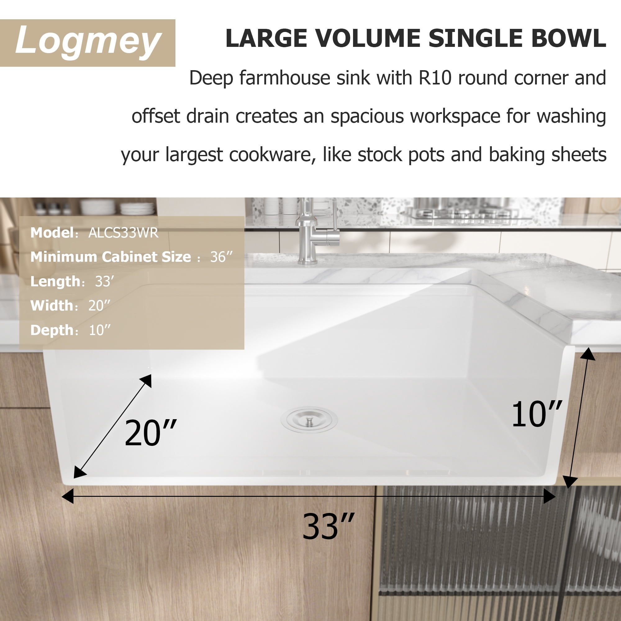 LOGMEY 33"x20" White Ceramic Farmhouse Workstation Kitchen Sink - Single Bowl, 3.5" Drain, Accessories Included (Cutting Board, Colander, Drying Rack)