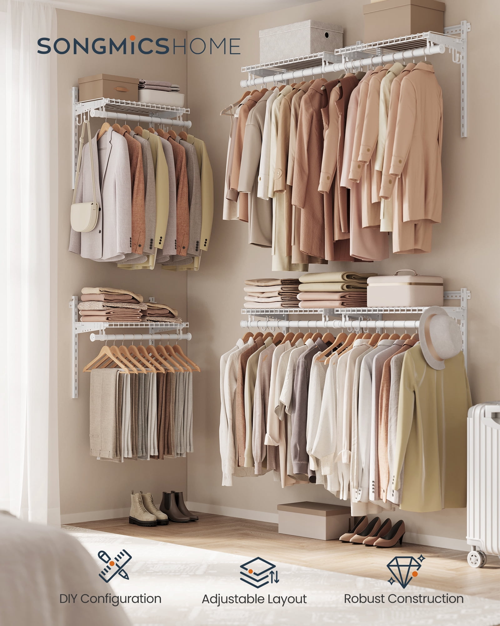 Rubbermaid, Closet System, 4-8 ft kit, White, Adjustable Shelving