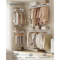SONGMICS HOME Closet System, Closet Insert Organizer, 4-8 ft, Adjustable Metal Shelving Unit with 6 Hanging Rods, 6 Shelves, and Hooks, for Pantry Mudroom Garage Basement, Cloud White